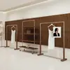 Arara de Chão para Loja de Roupas Rack Ilha Cor de Noz Aço Inoxidável Loja do Comprador Prateleira Lateral para Pendurar Roupas Loja de Roupas Femininas