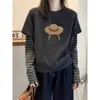 Camiseta térmica de manga larga gruesa de dos piezas a rayas, color gris oscuro, para mujer, estilo coreano, moderna, versátil, favorecedora, ideal como capa base.