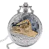 Reloj de bolsillo de moda retro con patrón de locomotora al por mayor, cadena de collar para hombre y mujer, reloj de bolsillo abatible