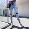 Jeans Feminino de Nove Pontos, Slim-Fit, Simples, Rasgado, Lavado, Estilo Europeu e Americano, Excedente de Exportação, Rápido Giro, Feito Sob Medida, Cintura Alta