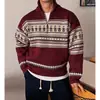 Suéter con cremallera y cuello polo estilo jacquard Fair Isle retro americano Cleanfit Año Nuevo Navidad Rojo Cuello vuelto Tejido