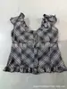 Estilo Chica de Ballet Francés Retro Nicho Cuadros Volantes Mangas Abullonadas Top Sexy Cuello en V Camiseta Adelgazante