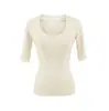 Top de Estilo Puro Deseo con Cuello en U Grande y Mangas Medias, Verano Lyocell Fresco al Tacto con Flecos Ajustado Adelgazante Camiseta Base