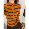 Andy Tejido Color Block Retro Rayas Punto Otoño Invierno Estilo Francés Temperamento Delgado Suéter de Botones Top para Mujer