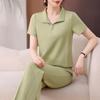 Traje Deportivo de Seda de Hielo para Mujer, Estilo Delgado de Verano, Cuello Alto Estampado Moderno y que Reduce la Edad, Pantalones de Manga Corta, Conjunto Casual de Dos Piezas