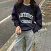 Moletom Espesso com Forro de Lã e Estampa de Letras para Mulheres, Novo Estilo Retrô Americano de Outono e Inverno, Pulôver, Estilo Preguiçoso, Blusa de Gola Redonda, Tendência