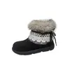 Moda Estilo Retro Color Puro Encaje Lazo Forrado de Felpa Cálidas Botas de Nieve para Mujer 2025 Invierno Nuevo Punta Redonda Botas de Moda