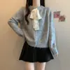 Novo cardigã de renda com laço estilo coreano, cardigã de malha moderno e versátil para mulheres, casaco de outono e inverno