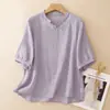 Camisa Curta de Algodão e Linho Bordada Retrô para Mulheres, Estilo Pequeno Top de Temperamento Redutor de Idade para o Verão, Camisa de Linho de Cor Sólida com Temperamento