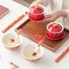 Feliz cuenco de boda pareja dragón y fénix cuenco y palillos traje ceremonia de boda cambio taza de brindis pareja roja esposo y esposa cuenco regalo compañero