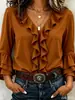 Camisa de mujer a rayas estilo dulce de comercio exterior de un solo botón con tapeta de volantes en V y mangas de tres cuartos acampanadas de doble capa con volantes