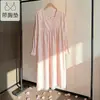 Ropa de casa casual dulce de color liso para mujer, estilo coreano, longitud media, con ribete de encaje, algodón nube suelto, para primavera y otoño