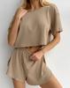 Novedades de Invierno 2026 Europeas y Americanas en Stock, Conjunto de Dos Piezas Cómodo Casual de Color Sólido con Top de Manga Corta y Shorts con Cintura Elástica para Casa