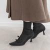 [em estoque] Botas curtas de salto alto com laço francês e strass para mulheres, salto grosso, elegantes, elásticas, finas, bico quadrado, botas de malha