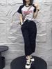 24221 Da Ai Mei Yi Yuan Verano 2026 Nueva Camiseta de Estilo Coreano con Estampado de Letras Pantalones Rectos Adelgazantes Ropa de Mujer de Moda