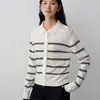 Cardigã de malha listrado retrô com gola polo, corte slim, para mulheres, manga longa, emagrecedor, versátil, top estiloso, cor café, tamanho único, algodão