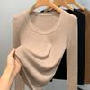 Camiseta de Fondo de Punto para Mujer 2025 Nueva Suéter de Punto de Cuello Redondo de Ala Ancha para Mujer Europea Top Elástico de Cintura Interior