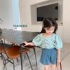2026 Verano Nuevo Estilo Blusa de Cuadros de Manga Linterna para Niñas, Elegante Camisa de Manga Corta con Hombros Descubiertos para Bebé