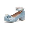 Novos sapatos femininos de camada única para primavera e outono, com miçangas e salto grosso, em couro envernizado doce com laço Norita, sapatos femininos de camada única