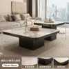 Mesa de Centro Quadrada de Pedra de Luxo Estilo Italiano para Apartamentos Modernos Pequenos, Combinação Minimalista Preta para Sala de Estar
