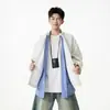Moletom Listrado Pesado Estilo Americano Falso Duas Peças para Homem, Jaqueta Cardigan com Gola Alta para Primavera e Outono, Top Novo Estilo Chinês Estilo College