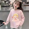 Camiseta de Manga Longa 100% Algodão para Primavera e Outono, Roupa Infantil Solta e Versátil, Camisa para Camadas de Outono e Inverno, Blusa Estampada com Gola Redonda para Meninas