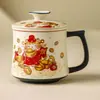 Caneca de Chá Branca de Cerâmica com Tampa, Tema Gato, Caneca de Cerâmica para Beber, Copo de Água com Recurso de Separação de Chá