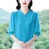 Linda Blusa de Chiffon para Mulheres, Novo Estilo de Verão, Elegante e Rejuvenescedora, Emagrecimento, Blusa de Manga Três Quartos, Camisa para Mãe de Meia-Idade