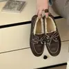 Mocassins Femininos de Lã Coloridos Lavados à Mão com Laço Velho para Inverno Novo Retro Calçados Planos de Algodão para Uso Externo