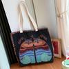Bolsa Tote Bordada de Gato Fofo Estilo Étnico Feminina Estudante Literária Bolsa de Ombro Feminina Abstrata Simples