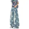Calça jeans moderna estilo retrô americano com estampa de estrelas por toda a peça, novo design para primavera e outono, calça solta de perna reta e larga