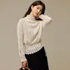 Suéter de Ganchillo Hueco Francés de Punto de Media Altura para Principios de Otoño, Delgado, con Sentido del Diseño, Nicho, Cintura Ajustada con Cordón, Suéter de Lana para Mujer