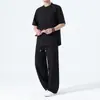 Conjunto Masculino de Verão 2026 Estilo Chinês Retro Botões Terno Tang Gola Alta Calça Casual Caimento Solto Chinês Conjunto de Duas Peças Caído