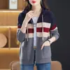 Novo Cardigan de Tricô com Capuz Color Block Listrado de Zíper Duplo para Outono, Suéter Top Feminino Solto Emagrecedor Roupa de Fora