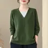 Foto Real de Nuevo Algodón Tejido Falso Dos Piezas Bloque de Color Manga Larga Camiseta Básica Casual para Mujer 2025 Otoño