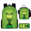 Mochila Escolar Infantil Monstruo de Pelo Verde Grinch Mochila para Estudiante de Primaria Bolsa de Comida Estuche para Lápices Mochila de Tres Piezas Venta al por Mayor Transfronteriza