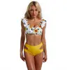 Novo Biquíni Estampado com Babados de Comércio Exterior Europeu e Americano Cintura Alta Sexy Vazado Amazon Maiô com Fenda