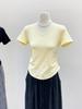 Verde Menta Elegante Simples Decote em V Blusa Base Feminina Verão Estilo Menininha Chique Cintura Pinçada Emagrecimento Ombro Camiseta Manga Curta