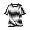 Camiseta de manga corta de algodón puro para mujer, novedad de verano 2020, de rayas, holgada, de algodón y lino, de punto, de media manga, top adelgazante súper popular y de moda.