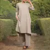 Comércio Exterior Transfronteiriço Aliexpress Primavera/Verão 2026 Moda Esportiva Feminina Plus Size Algodão Linho Decote V Manga 3/4 Calça Wide Leg Conjunto de 2 Peças