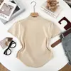 Moda Versátil Gola Meia-Alta Irregular Slim-Fit Suéter Curto de Tricô Manga Curta Camisa Base Camiseta Top