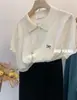 Estilo Coreano Solapa Pequeña Patrón de Cáñamo Bordado Lazo Manga Corta 5 Prendas de Punto de Lana Jersey Tejido Fino