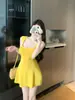 Vestido Camisola de Punto para Mujer, Vestido Corto de Verano Ajustado a la Cintura Línea A, Vestido de Punto sin Mangas Cuello Cuadrado Color Sólido, Directo de Fábrica