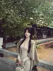 Conjunto de vestido tipo chal color caqui para mujer, estilo coreano de otoño, elegante y ajustado, vestido largo para jóvenes adineradas
