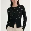 Cárdigan de punto simple y moderno estilo coreano, ajuste ceñido, con lunares y bloques de color, cuello redondo para mujer, suéter corto simple de otoño e invierno