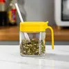 Juego de 3 tarros de vidrio para especias con cucharas y bandeja base. Organizador de condimentos para la cocina.
