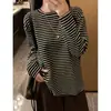 Camiseta de manga larga a rayas de bloques de color estilo coreano para mujer, nueva camiseta básica de otoño, holgada y estilizada, top relajado y casual estilo coreano