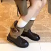 Botines de estilo coreano color café con hebilla para mujer 2026, con punta redonda, diseño de patchwork, altura hasta media pantorrilla, tacón grueso y un look moderno inspirado en la equitación.