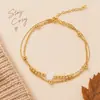 Pulsera de aleación chapada en oro para mujer, cadena de doble capa, cuentas redondas blancas, 16.5-17 cm, líneas geométricas electrochapadas, moderna para OL