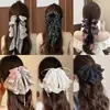 Grampo de rabo de cavalo suave em rede estilo coreano para mulheres, presilha de cabelo de fita floral de alta qualidade, presilha de tubarão estilo preguiçoso com laço, acessório de cabelo